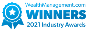 WealthManagement.com 2021 industry awards logo with blue ribbon