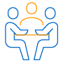 Blue and orange icon of a group of people seating around a table