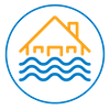 Blue and orange icon of a flooded house