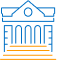 Blue and orange icon of a bank building