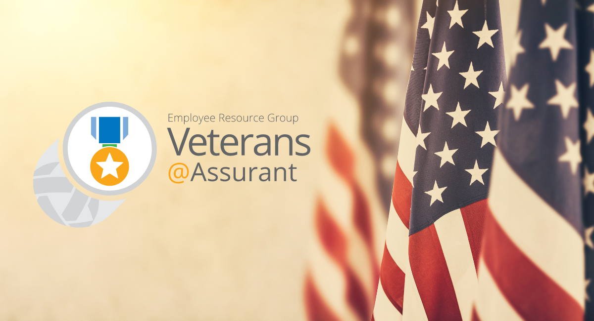 American flag depicted next to an Assurant logo of the Veterans at Assurant logo